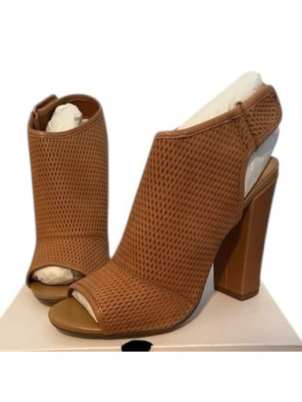 Aldo Dirassa Cognac Nubuck Leather Block Heel Open Toe Bootie Heels
